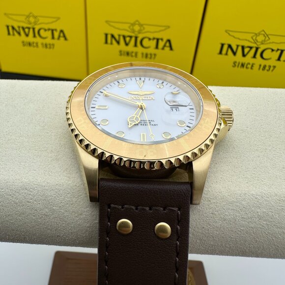 NEW Invicta Pro Diver White Luminous Dial Gold Bezel Leather Strap Watch - Picture 7 of 7